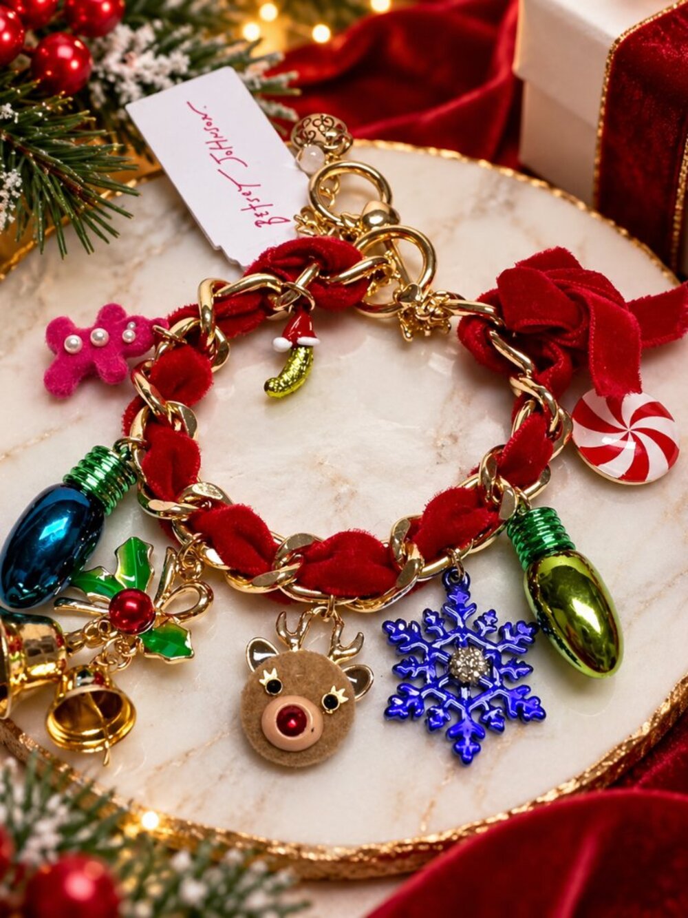 Betsey Johnson Gold Tone Santa Baby Charm Bracelet Woven Red Velvet Ribbon NWT
